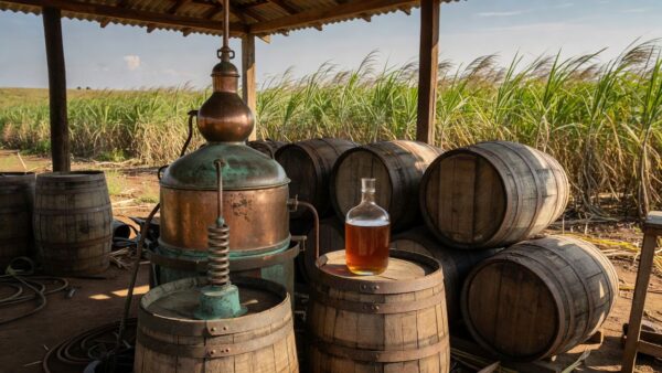 Alambique tradicional e barris na produção artesanal de cachaça no Brasil