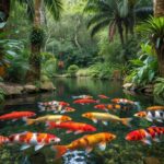 Carpas nishikigoi em lago ornamental no Brasil