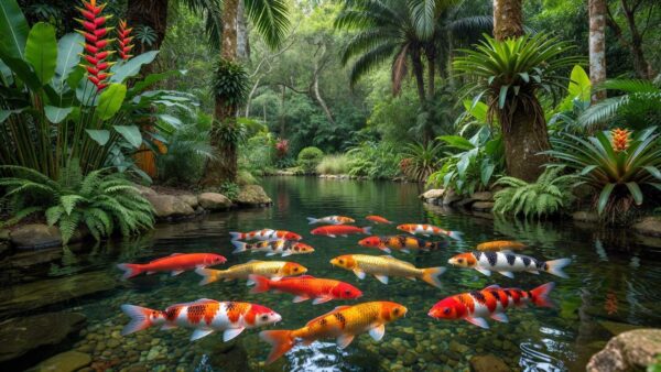 Carpas nishikigoi em lago ornamental no Brasil