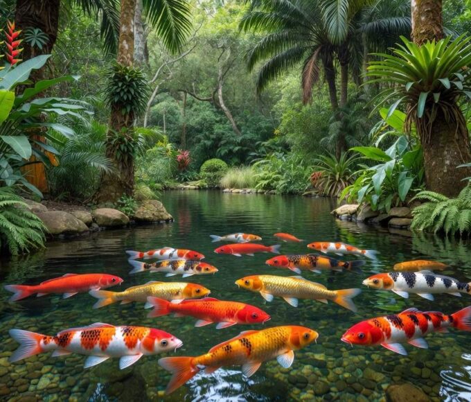 Carpas nishikigoi em lago ornamental no Brasil