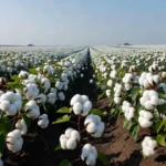 Lavoura de algodão no Brasil com plantas em flor