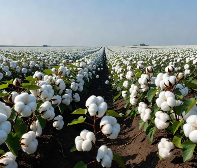 Lavoura de algodão no Brasil com plantas em flor