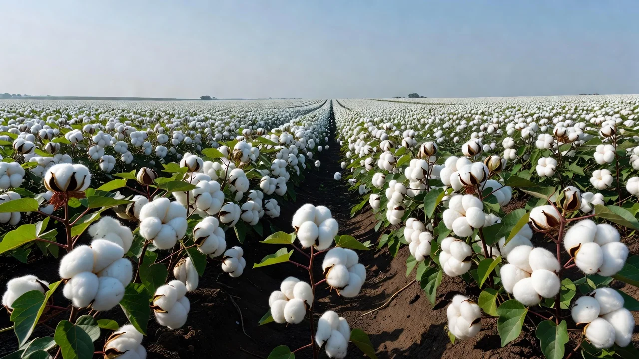 Lavoura de algodão no Brasil com plantas em flor