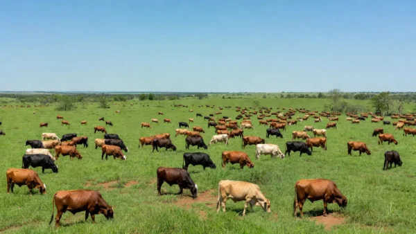 Rebanho de gado em pastagem de Mato Grosso simbolizando exportação de carne bovina