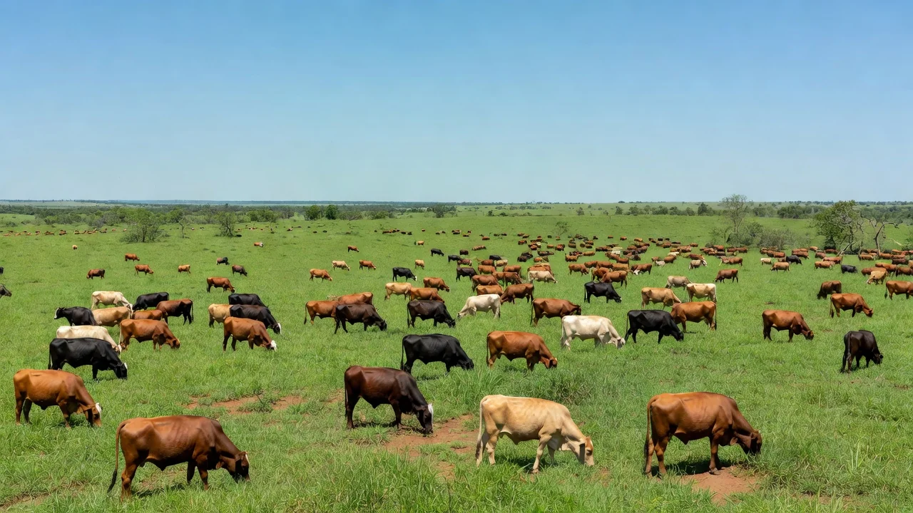 Rebanho de gado em pastagem de Mato Grosso simbolizando exportação de carne bovina