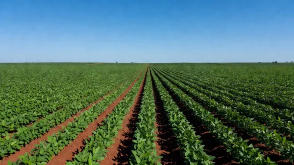 Lavoura de soja brasileira em campo verde sob céu claro