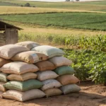 Sacos de sementes em fazenda brasileira sobre prejuízo com mercado de sementes piratas