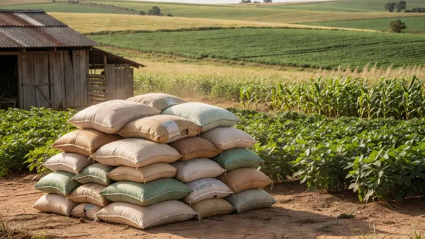 Sacos de sementes em fazenda brasileira sobre prejuízo com mercado de sementes piratas