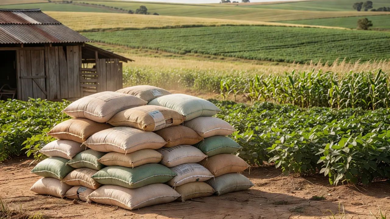 Sacos de sementes em fazenda brasileira sobre prejuízo com mercado de sementes piratas