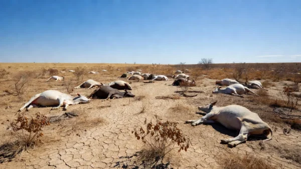 Bovinos mortos em pastagem brasileira devido a onda de calor