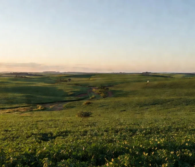Paisagem rural brasileira com plantações e conexão via satélite Starlink para produtores
