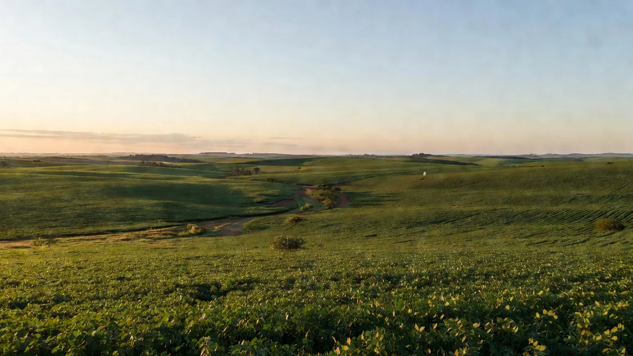 Paisagem rural brasileira com plantações e conexão via satélite Starlink para produtores
