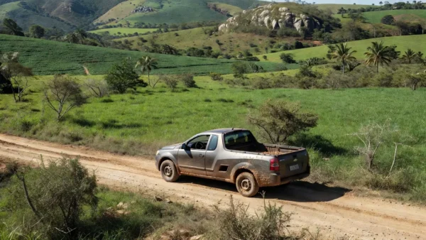 Picape Chevrolet Montana em estrada rural brasileira, destacando versatilidade.