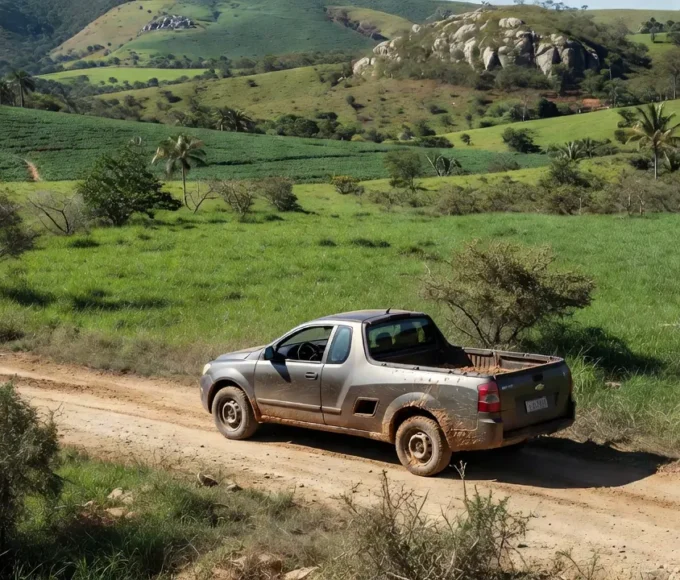 Picape Chevrolet Montana em estrada rural brasileira, destacando versatilidade.