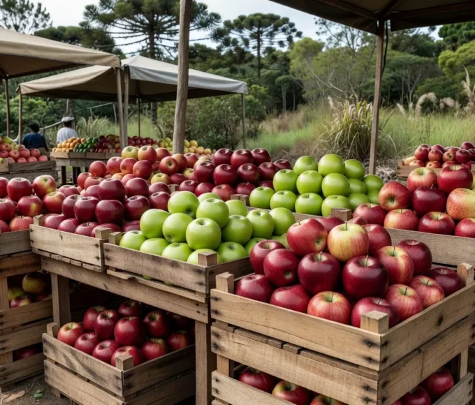 Maçãs em caixas em mercado brasileiro representando alta de preços