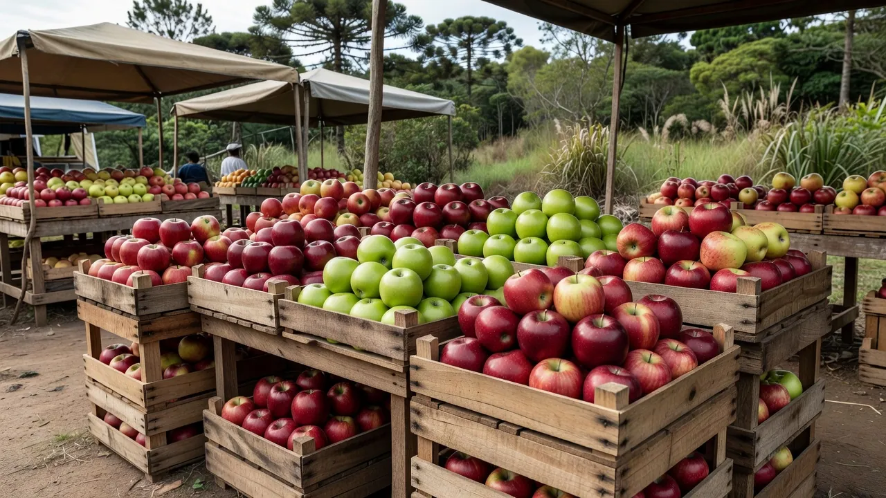 Maçãs em caixas em mercado brasileiro representando alta de preços