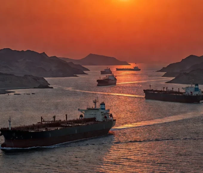 Navios petroleiros no Estreito de Ormuz em cena de tensão geopolítica