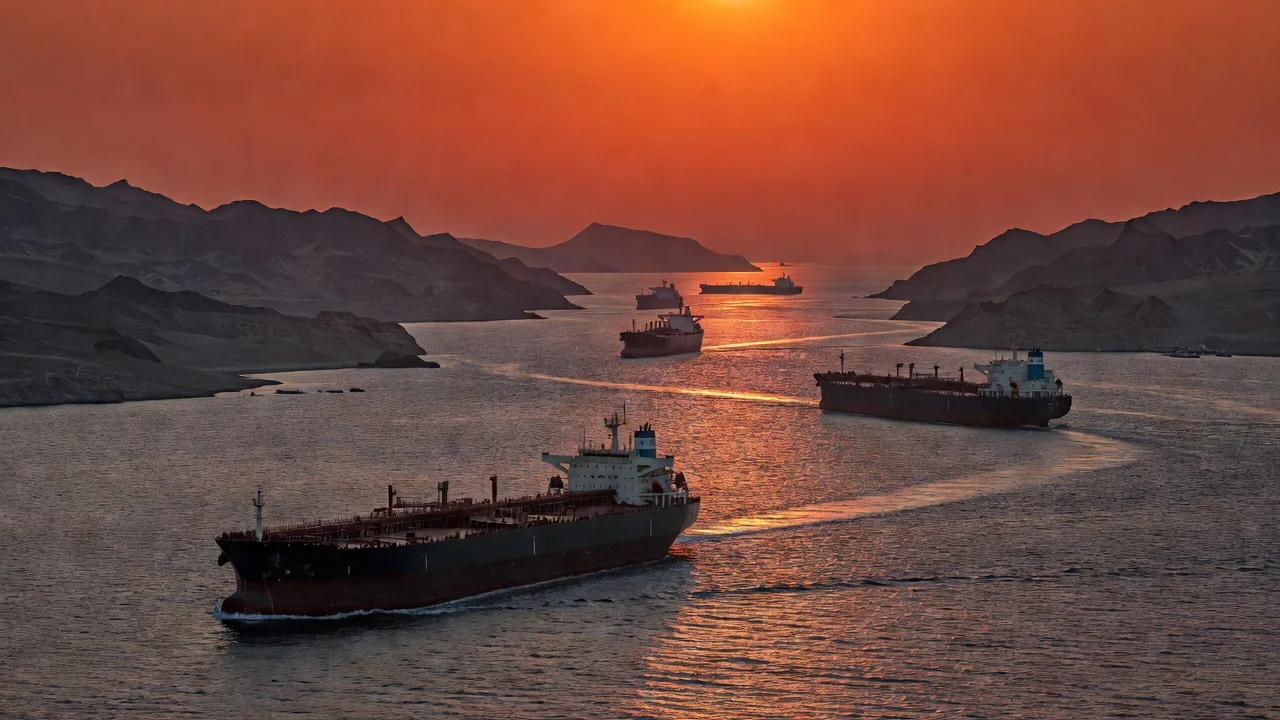 Navios petroleiros no Estreito de Ormuz em cena de tensão geopolítica