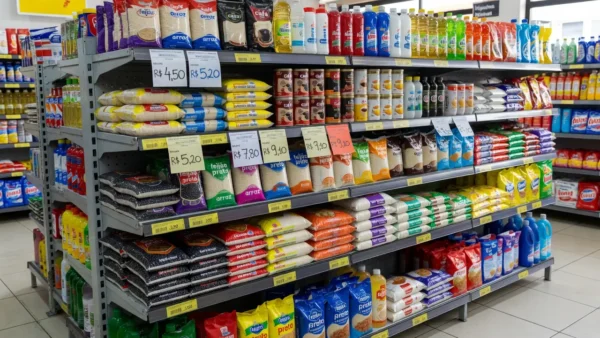 Prateleiras de supermercado no Brasil com preços de produtos refletindo inflação
