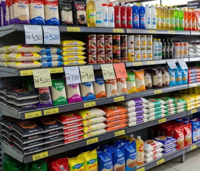 Prateleiras de supermercado no Brasil com preços de produtos refletindo inflação