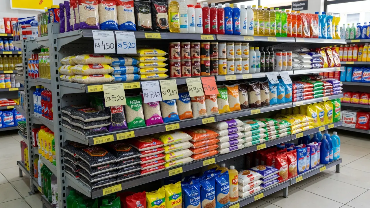 Prateleiras de supermercado no Brasil com preços de produtos refletindo inflação