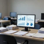 Escritório de agência de emprego no Brasil com gráficos de dados sobre auxílio-desemprego