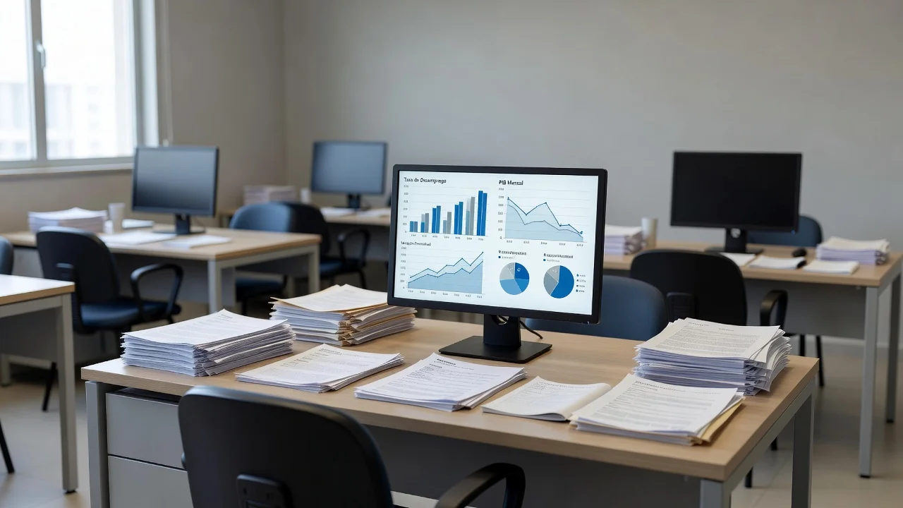 Escritório de agência de emprego no Brasil com gráficos de dados sobre auxílio-desemprego