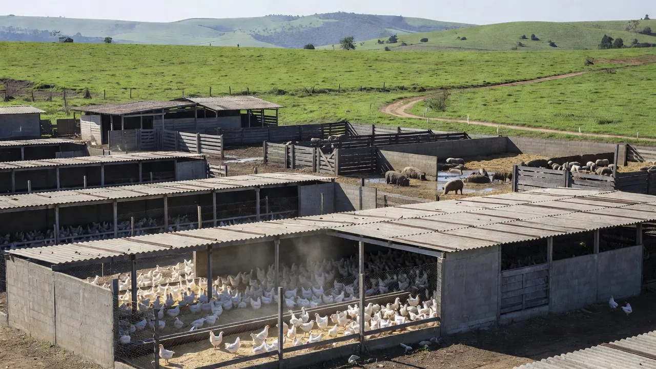 Granja de frangos e suínos no Paraná representando custos de produção