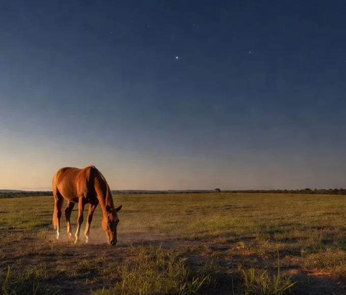 Cavalo quarto de milha em pasto brasileiro com três estrelas no céu