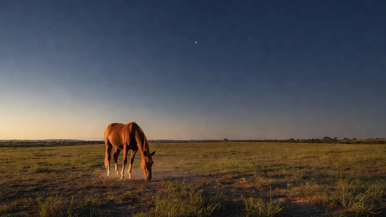 Cavalo quarto de milha em pasto brasileiro com três estrelas no céu