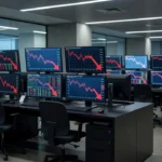 Gráficos de S&P 500 e Nasdaq em queda em telas de negociação na B3