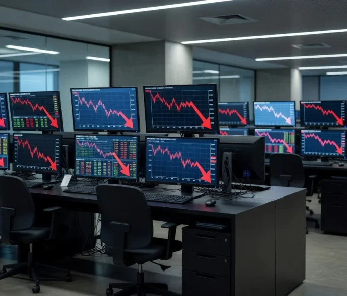 Gráficos de S&P 500 e Nasdaq em queda em telas de negociação na B3