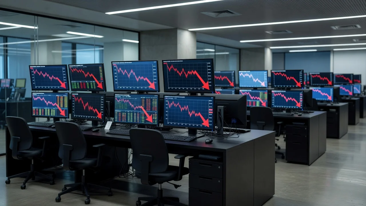 Gráficos de S&P 500 e Nasdaq em queda em telas de negociação na B3