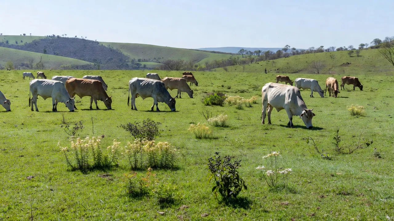 Rebanho de bovinos em pastagem com plantas tóxicas na primavera no Brasil