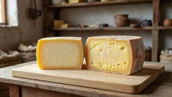 Queijos parmesão de 6 e 12 meses com diferenças de textura e cor