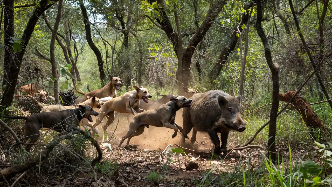 Cães de caça perseguindo javali em mata brasileira