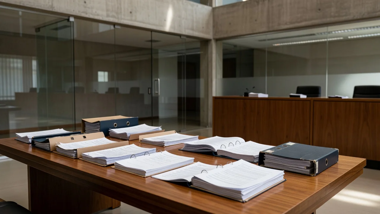 Documentos judiciais em tribunal representando decisão sobre sigilo do caso Master