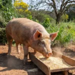 Porco comercial consumindo ração em granja brasileira