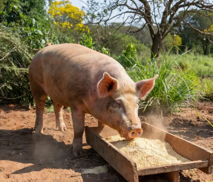 Porco comercial consumindo ração em granja brasileira