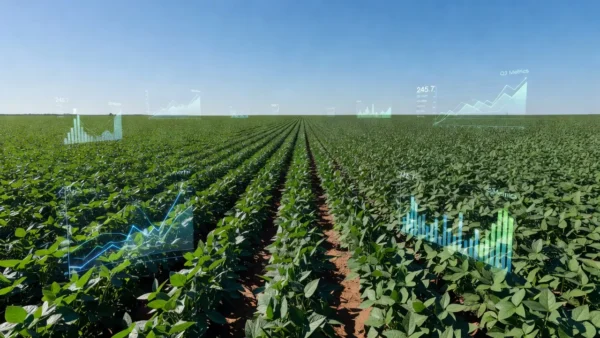 Plantação de soja no Brasil com elementos digitais representando a plataforma AgriHub da Embrapa