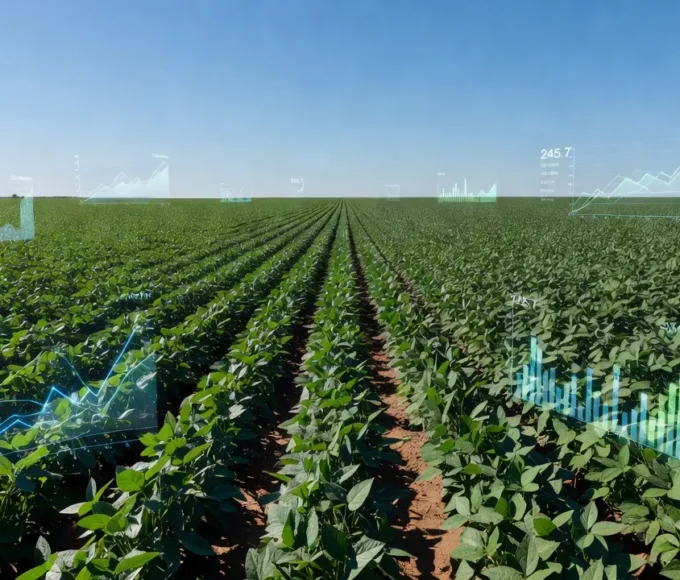 Plantação de soja no Brasil com elementos digitais representando a plataforma AgriHub da Embrapa