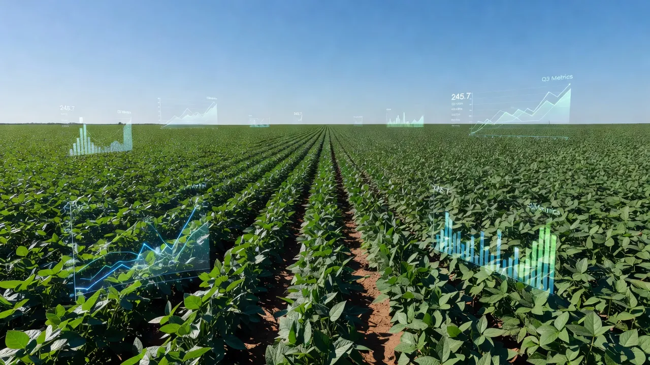 Plantação de soja no Brasil com elementos digitais representando a plataforma AgriHub da Embrapa