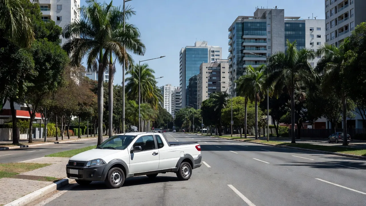 Fiat Strada em avenida urbana brasileira representando liderança em vendas de veículos