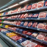 Bandejas de carne em cores variadas em prateleira de supermercado