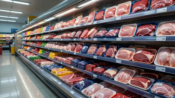 Bandejas de carne em cores variadas em prateleira de supermercado