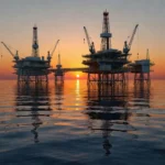 Plataforma de petróleo offshore no Brasil ao pôr do sol representando queda nos preços do petróleo