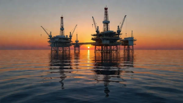 Plataforma de petróleo offshore no Brasil ao pôr do sol representando queda nos preços do petróleo