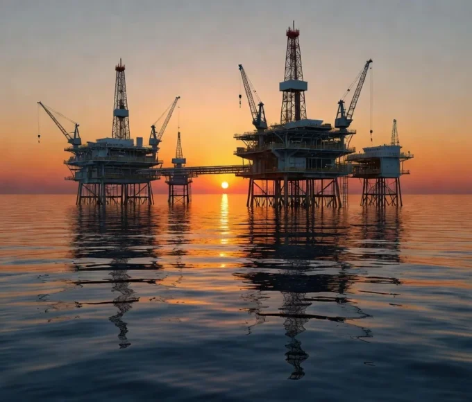 Plataforma de petróleo offshore no Brasil ao pôr do sol representando queda nos preços do petróleo