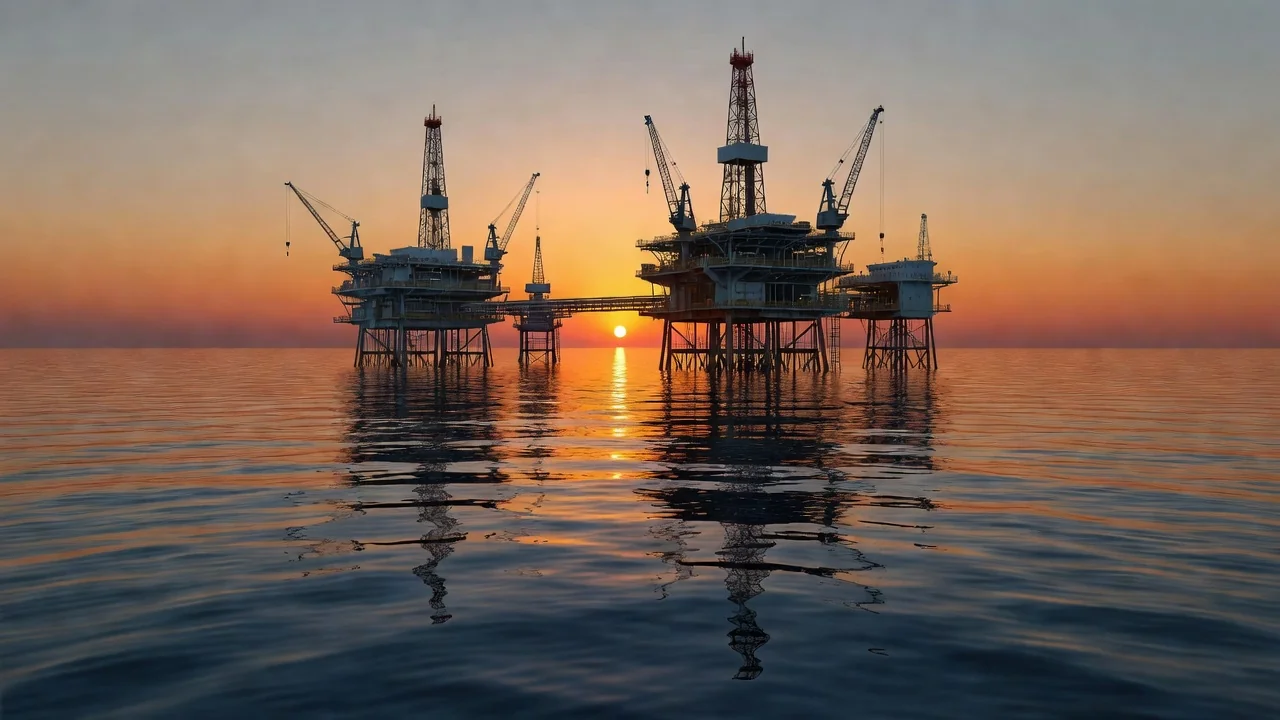 Plataforma de petróleo offshore no Brasil ao pôr do sol representando queda nos preços do petróleo