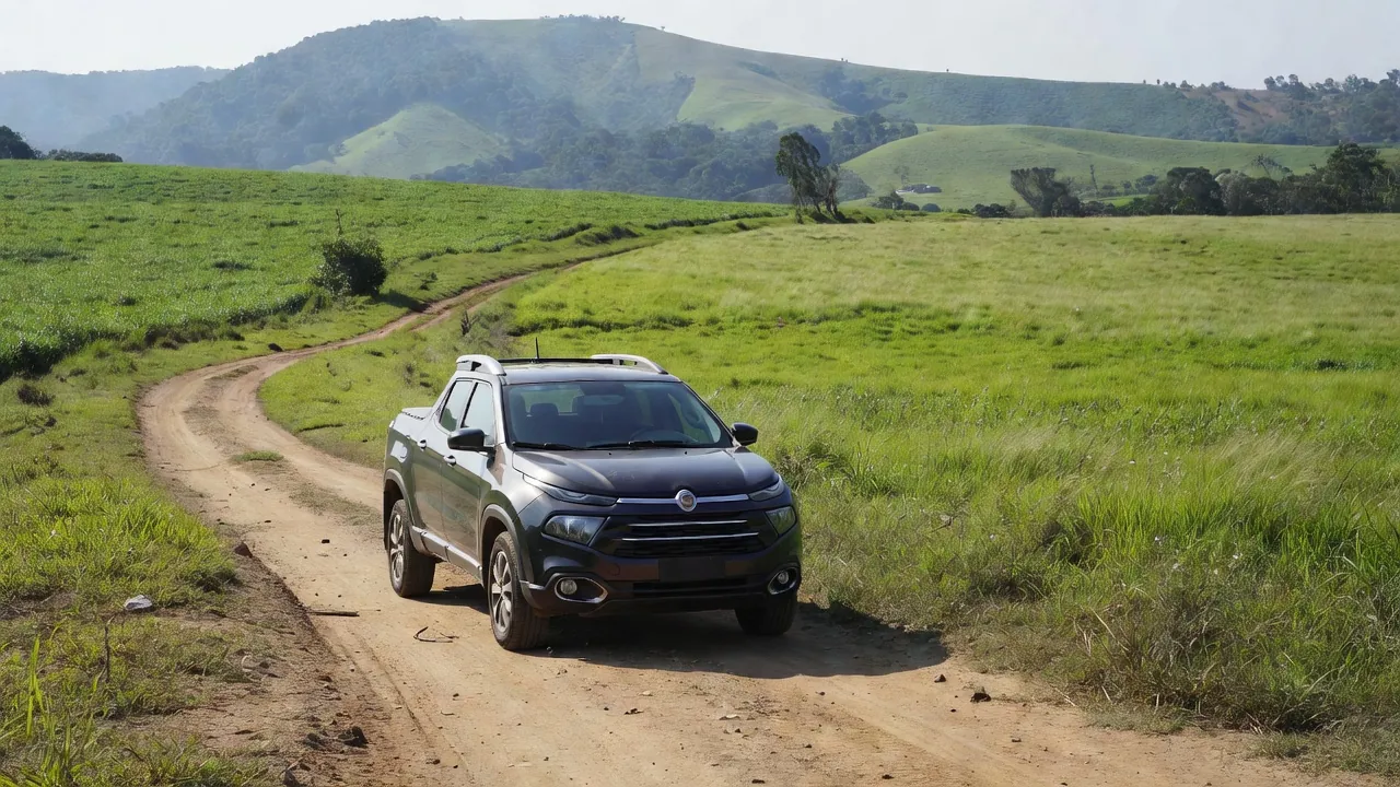 Picape Fiat Toro em estrada rural brasileira simbolizando liderança no mercado